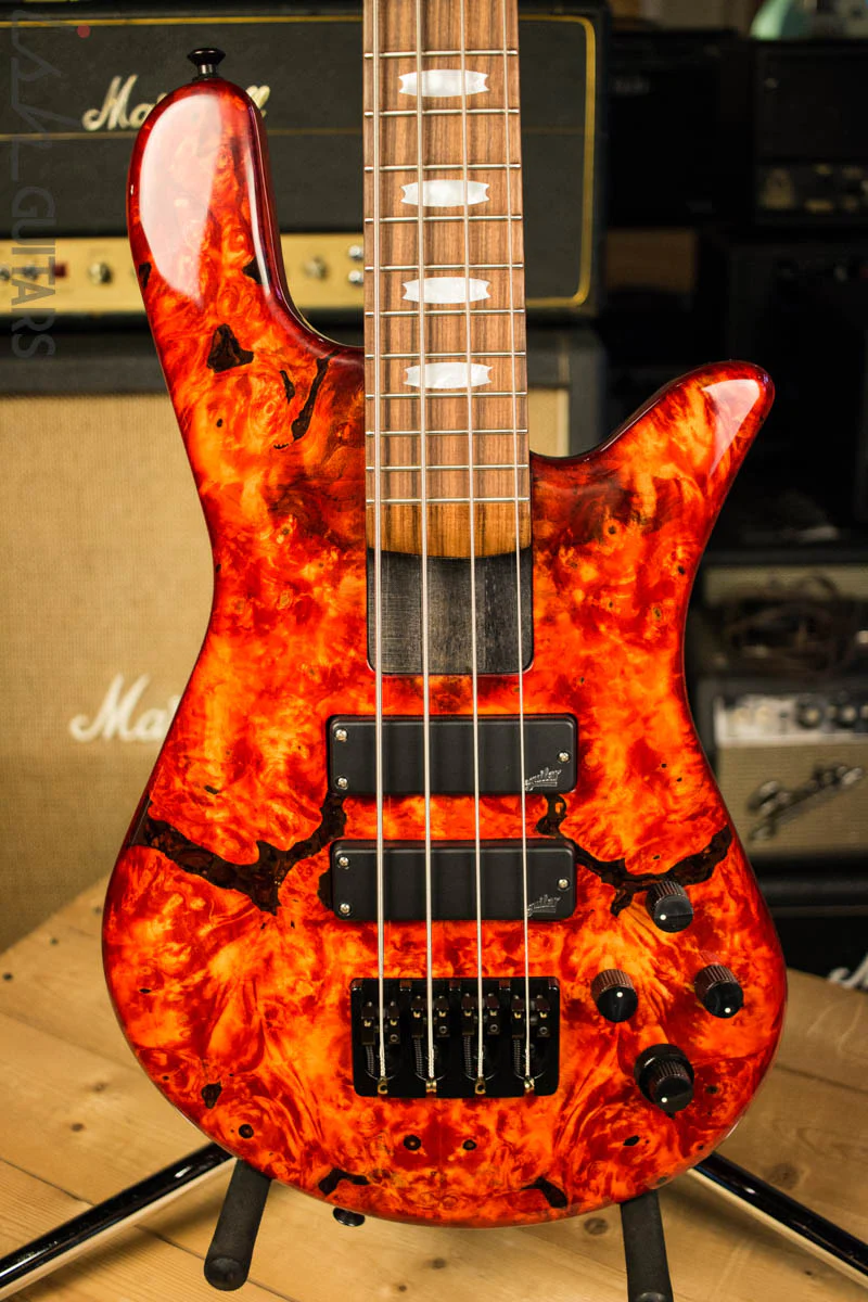 2018 Spector NS-4H2 Inferno Red Buckeye Burl 4 String Bass Guitar Bolt On