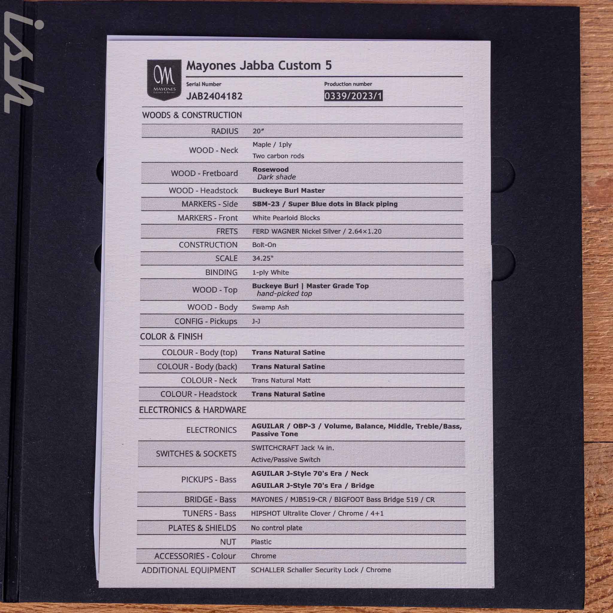 2023 Mayones Jabba Custom 5 Buckeye Burl Trans Natural Satin - Image 13