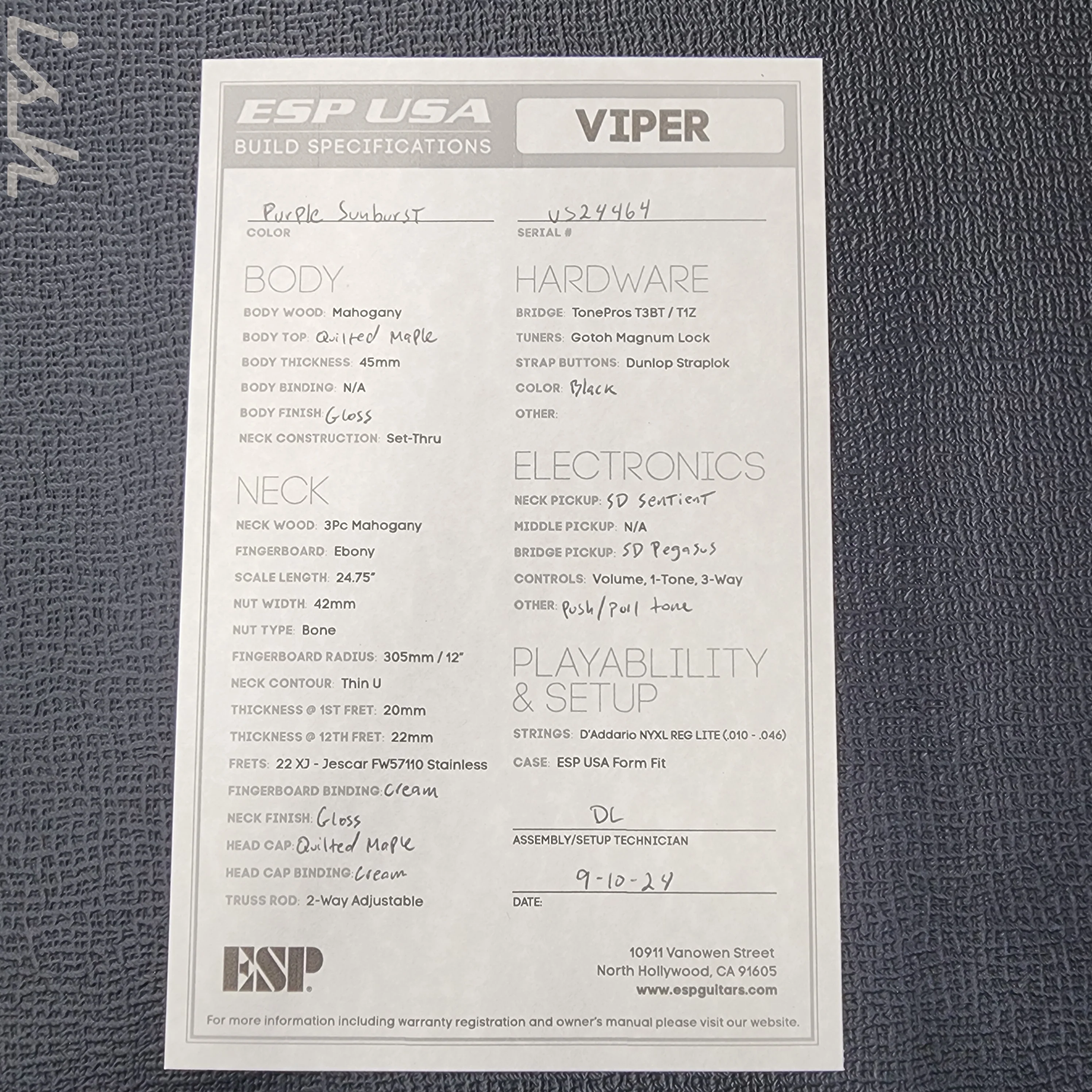 ESP USA Viper Quilted Maple Purple Sunburst - Image 13
