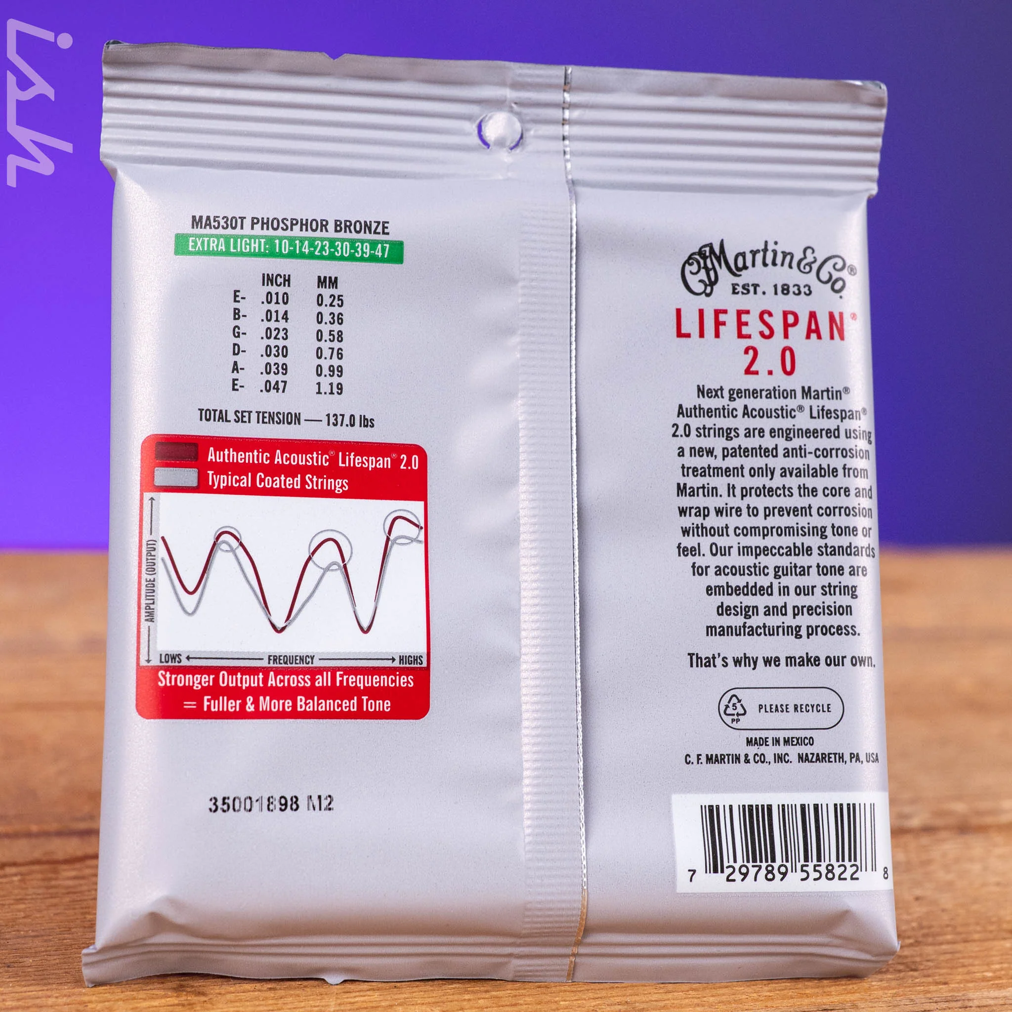 Martin MA530T 10-47 Extra Light Authentic Acoustic Lifespan 2.0 Treated 92/8 Phosphor Bronze Guitar Strings - Image 2