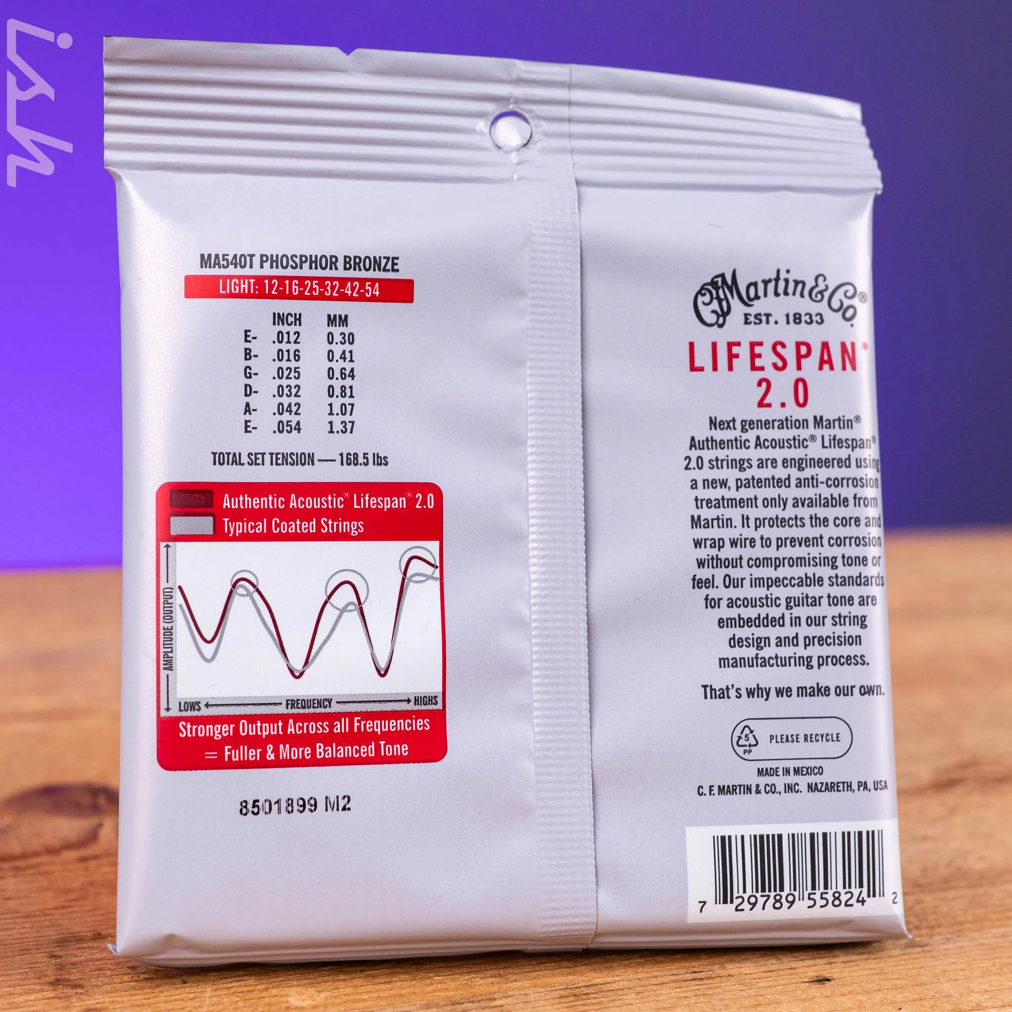 Martin MA540T 12-54 Light Authentic Acoustic Lifespan 2.0 Treated 92/8 Phosphor Bronze Guitar Strings - Image 2