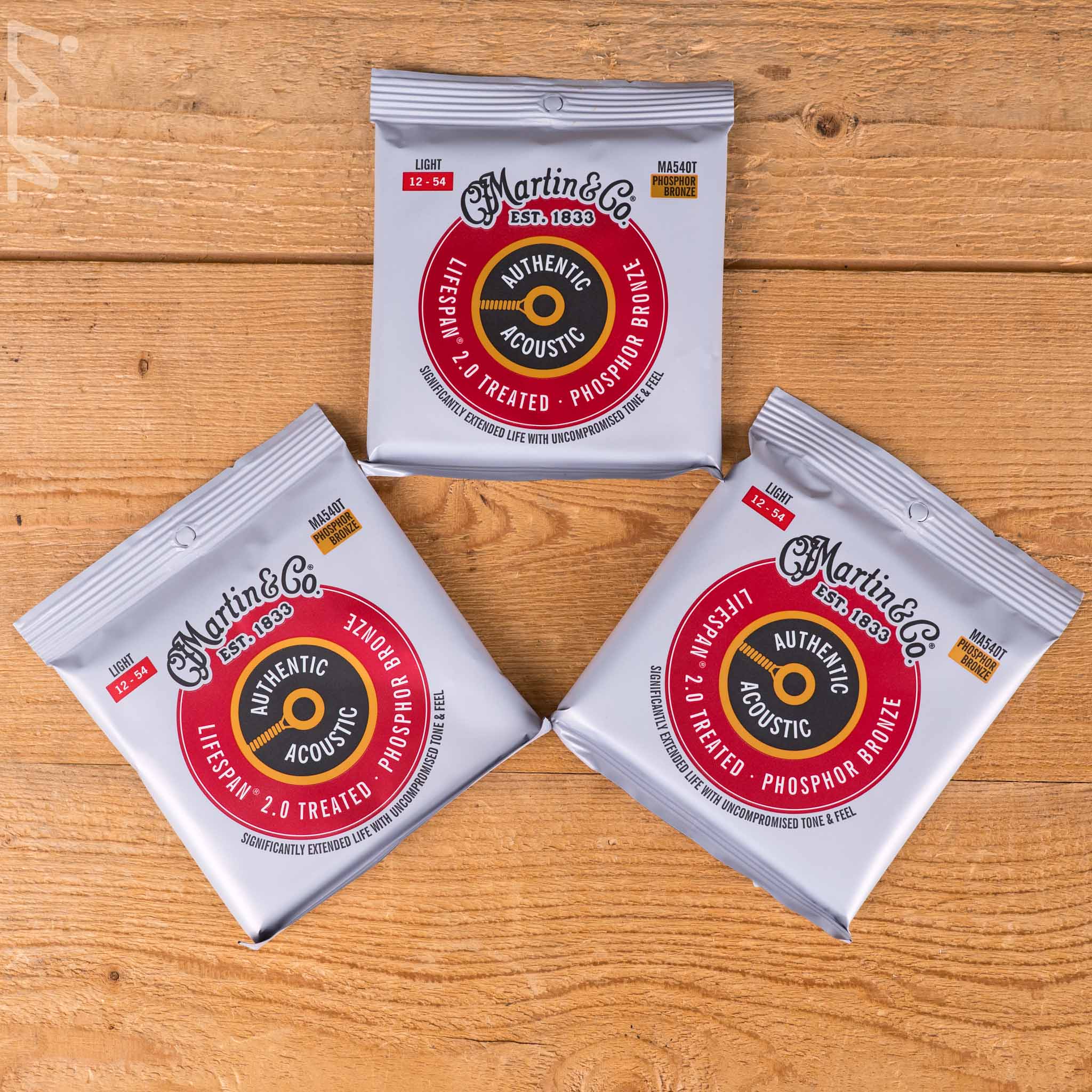Martin MA540T 12-54 Light 3-Pack Authentic Acoustic Lifespan 2.0 Treated 92/8 Phosphor Bronze Guitar Strings